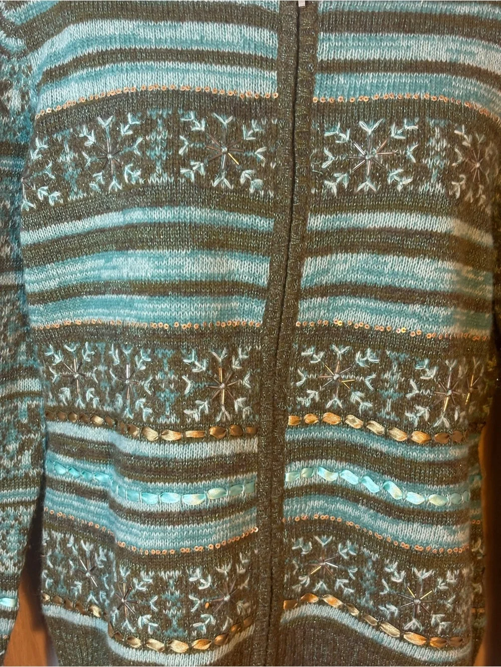 Talbots Petites Fair Isle Wool Blend Embellished Zip Cardigan M